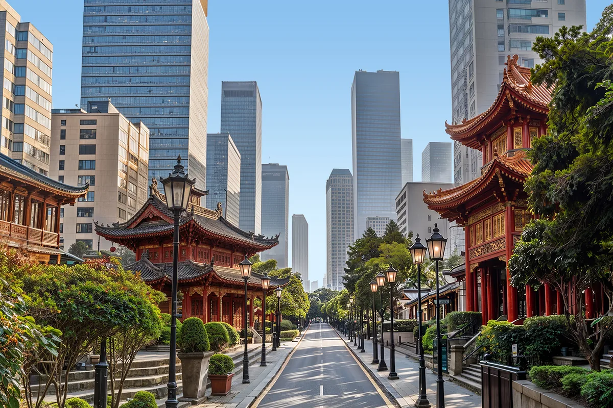 Jalan berpepohonan dengan kuil merah tradisional dan gedung pencakar langit Taipei, Taiwan.